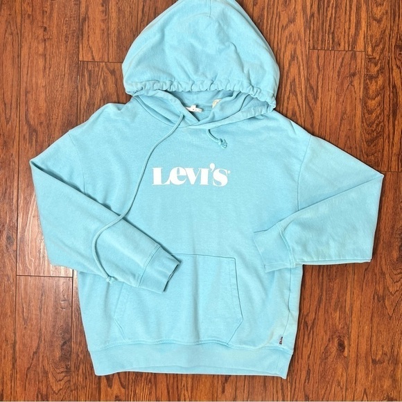 Levi’s Sky Blue Graphic Logo Pullover Knitted Hooded Sweatshirt Size Medium - Picture 16 of 16